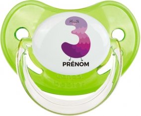 Trois ans anniversaire style 2 + prénom : Sucette Vert classique embout physiologique
