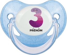 Trois ans anniversaire style 2 + prénom : Sucette Bleue à paillette embout physiologique