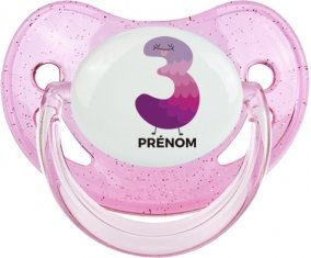 Trois ans anniversaire style 2 + prénom : Sucette Rose à paillette embout physiologique