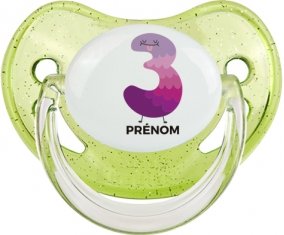 Trois ans anniversaire style 2 + prénom : Sucette Vert à paillette embout physiologique