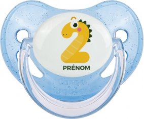 Deux ans anniversaire style 3 + prénom : Sucette Bleue à paillette embout physiologique
