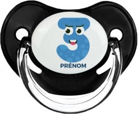 Trois ans anniversaire style 3 + prénom : Sucette Noir classique embout physiologique