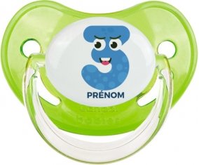 Trois ans anniversaire style 3 + prénom : Sucette Vert classique embout physiologique
