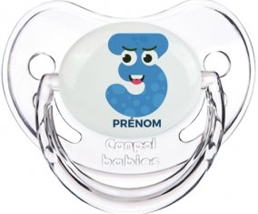 Trois ans anniversaire style 3 + prénom : Sucette Transparent classique embout physiologique
