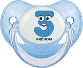 Trois ans anniversaire style 3 + prénom : Sucette Bleue à paillette embout physiologique