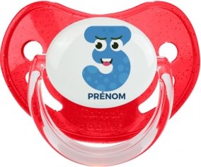 Trois ans anniversaire style 3 + prénom : Sucette Rouge à paillette embout physiologique