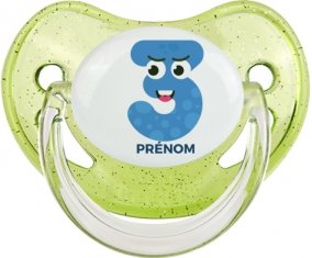 Trois ans anniversaire style 3 + prénom : Sucette Vert à paillette embout physiologique