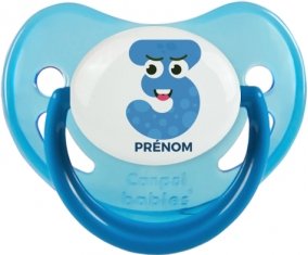 Trois ans anniversaire style 3 + prénom : Sucette Bleue phosphorescente embout physiologique