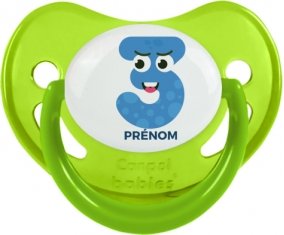 Trois ans anniversaire style 3 + prénom : Sucette Vert phosphorescente embout physiologique