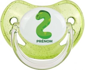 Deux ans anniversaire style 5 + prénom : Sucette Vert à paillette embout physiologique