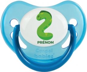 Deux ans anniversaire style 5 + prénom : Sucette Bleue phosphorescente embout physiologique