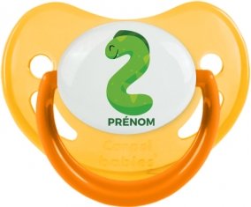 Deux ans anniversaire style 5 + prénom : Sucette Jaune phosphorescente embout physiologique