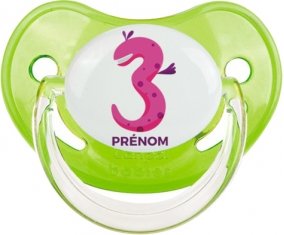 Trois ans anniversaire style 5 + prénom : Sucette Vert classique embout physiologique