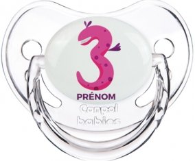 Trois ans anniversaire style 5 + prénom : Sucette Transparent classique embout physiologique