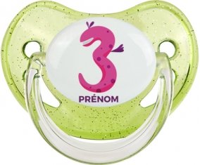 Trois ans anniversaire style 5 + prénom : Sucette Vert à paillette embout physiologique