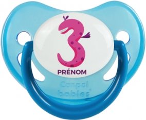 Trois ans anniversaire style 5 + prénom : Sucette Bleue phosphorescente embout physiologique