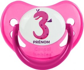 Trois ans anniversaire style 5 + prénom : Sucette Rose phosphorescente embout physiologique