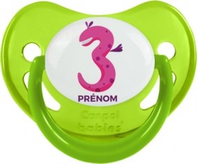 Trois ans anniversaire style 5 + prénom : Sucette Vert phosphorescente embout physiologique