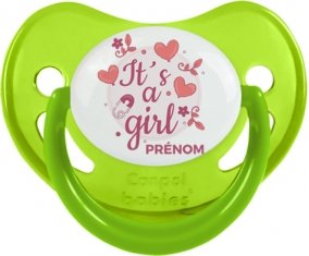 It's a girl + prénom : Sucette Vert phosphorescente embout physiologique