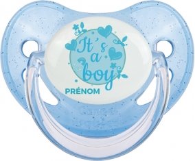 It's a boy + prénom : Sucette Bleue à paillette embout physiologique