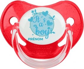 It's a boy + prénom : Sucette Rouge à paillette embout physiologique