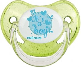 It's a boy + prénom : Sucette Vert à paillette embout physiologique