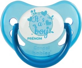 It's a boy + prénom : Sucette Bleue phosphorescente embout physiologique