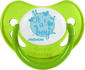 It's a boy + prénom : Sucette Vert phosphorescente embout physiologique