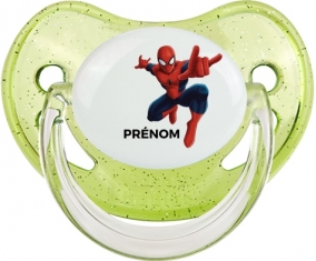Spiderman + prénom : Sucette Vert à paillette embout physiologique