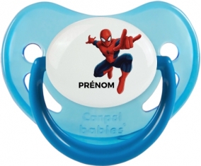 Spiderman + prénom : Sucette Bleue phosphorescente embout physiologique
