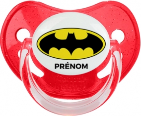Batman + prénom : Sucette Rouge à paillette embout physiologique