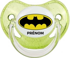 Batman + prénom : Sucette Vert à paillette embout physiologique