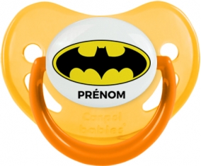 Batman + prénom : Sucette Jaune phosphorescente embout physiologique