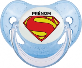 Superman + prénom : Sucette Bleue à paillette embout physiologique