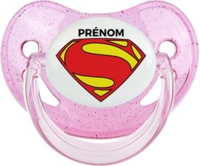 Superman + prénom : Sucette Rose à paillette embout physiologique