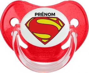 Superman + prénom : Sucette Rouge à paillette embout physiologique