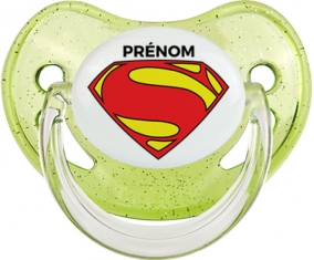 Superman + prénom : Sucette Vert à paillette embout physiologique