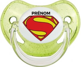 Superman + prénom : Sucette Vert à paillette embout physiologique