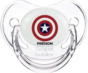 Captain america + prénom : Sucette Transparent classique embout physiologique