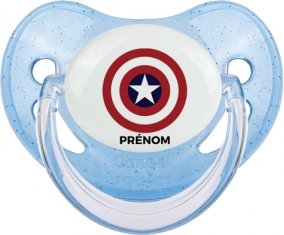 Captain america + prénom : Sucette Bleue à paillette embout physiologique