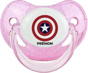 Captain america + prénom : Sucette Rose à paillette embout physiologique