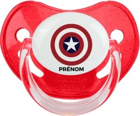 Captain america + prénom : Sucette Rouge à paillette embout physiologique