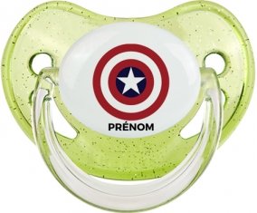 Captain america + prénom : Sucette Vert à paillette embout physiologique