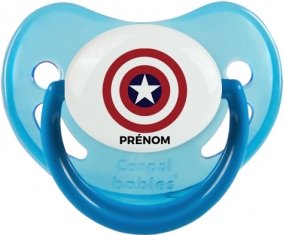 Captain america + prénom : Sucette Bleue phosphorescente embout physiologique