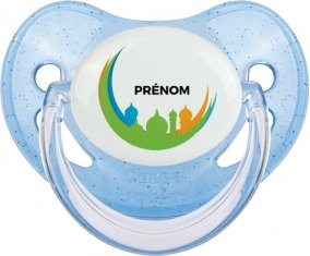 Mosqué Islam + prénom : Sucette Bleue à paillette embout physiologique