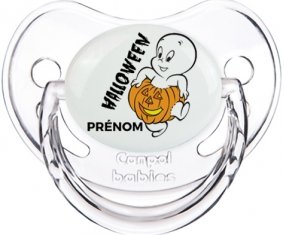Halloween casper + prénom : Sucette Transparent classique embout physiologique