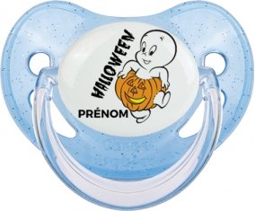 Halloween casper + prénom : Sucette Bleue à paillette embout physiologique