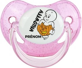 Halloween casper + prénom : Sucette Rose à paillette embout physiologique