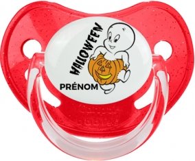 Halloween casper + prénom : Sucette Rouge à paillette embout physiologique