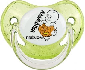 Halloween casper + prénom : Sucette Vert à paillette embout physiologique